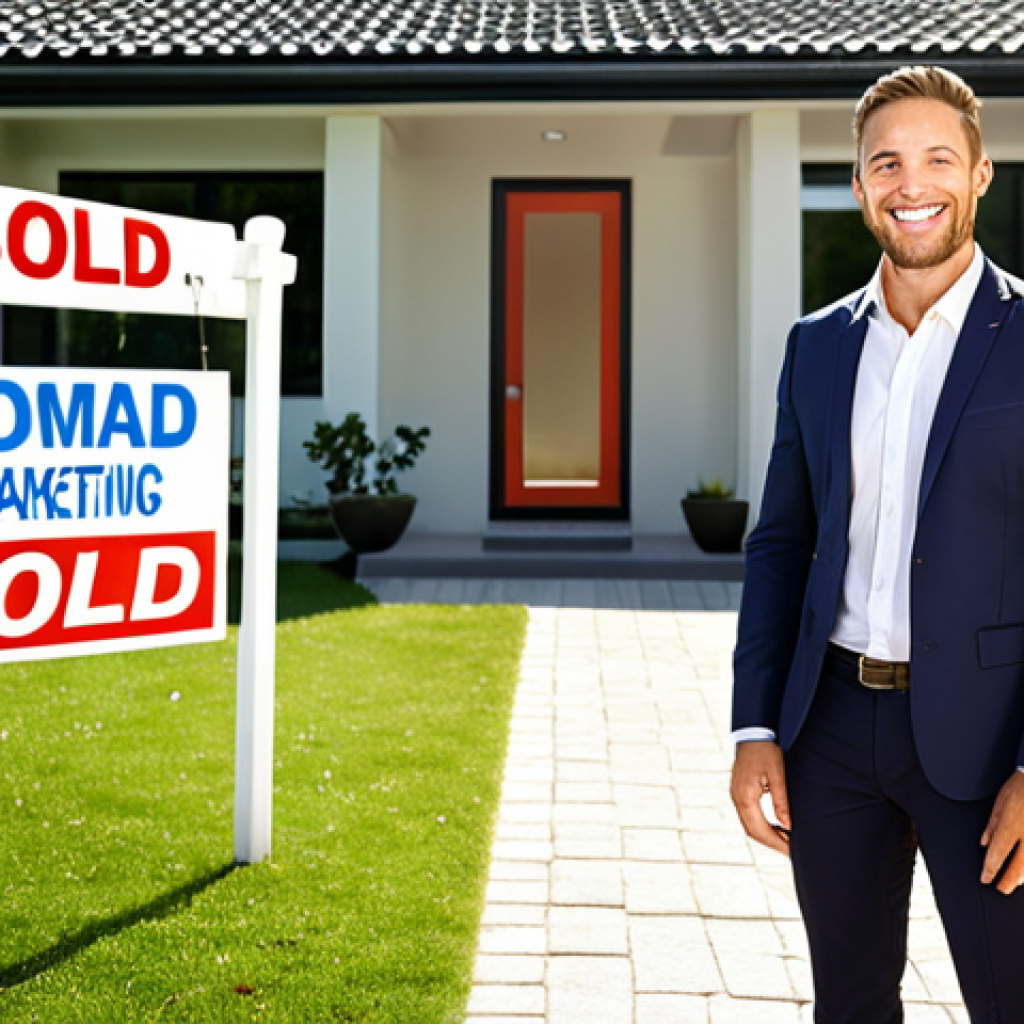 **

A confident real estate agent, smiling, stands in front of a modern home. Sunlight streams through, highlighting a "Sold" sign on the lawn. Digital marketing icons (social media, email) float around them, symbolizing their successful online presence and personal brand.

**