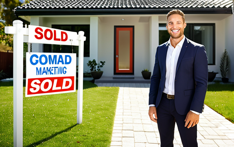 **

A confident real estate agent, smiling, stands in front of a modern home. Sunlight streams through, highlighting a "Sold" sign on the lawn. Digital marketing icons (social media, email) float around them, symbolizing their successful online presence and personal brand.

**
