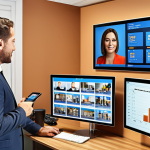 **"Modern real estate office interior, diverse brokers negotiating deals with clients, digital screens displaying market analysis data, warm and inviting atmosphere."**
