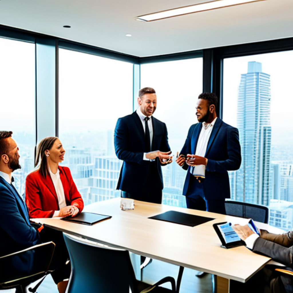 A diverse group of professional real estate brokers, men and women, respectfully collaborating around a modern conference table in a sunlit, contemporary office overlooking a cityscape. They are engaged in a lively discussion, gesturing towards a shared tablet displaying property data. Each individual is fully clothed in modest business suits and professional dress, appropriate attire. The scene reflects a vibrant, successful, and collaborative community. Professional photography, high resolution, perfect anatomy, correct proportions, natural poses, well-formed hands, proper finger count, natural body proportions, safe for work, appropriate content, fully clothed, professional, modest, family-friendly.