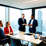 A diverse group of professional real estate brokers, men and women, respectfully collaborating around a modern conference table in a sunlit, contemporary office overlooking a cityscape. They are engaged in a lively discussion, gesturing towards a shared tablet displaying property data. Each individual is fully clothed in modest business suits and professional dress, appropriate attire. The scene reflects a vibrant, successful, and collaborative community. Professional photography, high resolution, perfect anatomy, correct proportions, natural poses, well-formed hands, proper finger count, natural body proportions, safe for work, appropriate content, fully clothed, professional, modest, family-friendly.