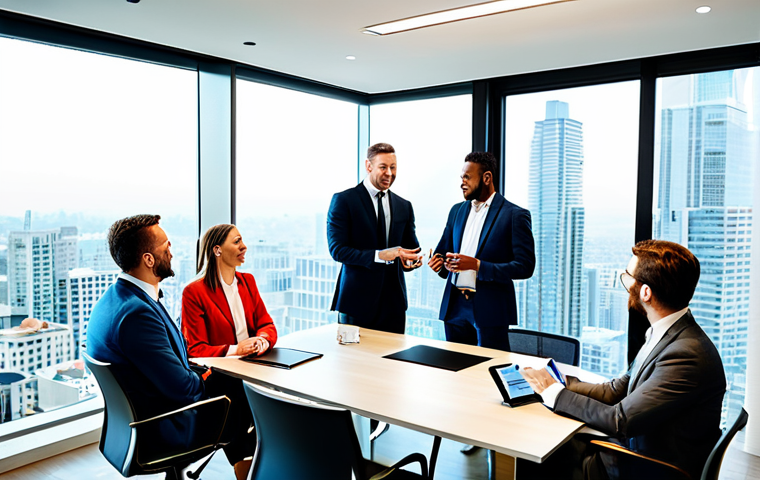 A diverse group of professional real estate brokers, men and women, respectfully collaborating around a modern conference table in a sunlit, contemporary office overlooking a cityscape. They are engaged in a lively discussion, gesturing towards a shared tablet displaying property data. Each individual is fully clothed in modest business suits and professional dress, appropriate attire. The scene reflects a vibrant, successful, and collaborative community. Professional photography, high resolution, perfect anatomy, correct proportions, natural poses, well-formed hands, proper finger count, natural body proportions, safe for work, appropriate content, fully clothed, professional, modest, family-friendly.