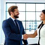 **

"A professional real estate agent, fully clothed in modest business attire, shaking hands with a client in a bright, modern office. Bookshelves and architectural models are visible in the background. The atmosphere is positive and trustworthy. Safe for work, appropriate content, professional, perfect anatomy, natural proportions, well-formed hands, proper finger count, natural pose, high quality."

**