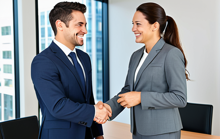 공인중개사 연봉 평균 및 지역별 차이 - **
"A professional businesswoman in a modest business suit, smiling confidently while shaking hands...