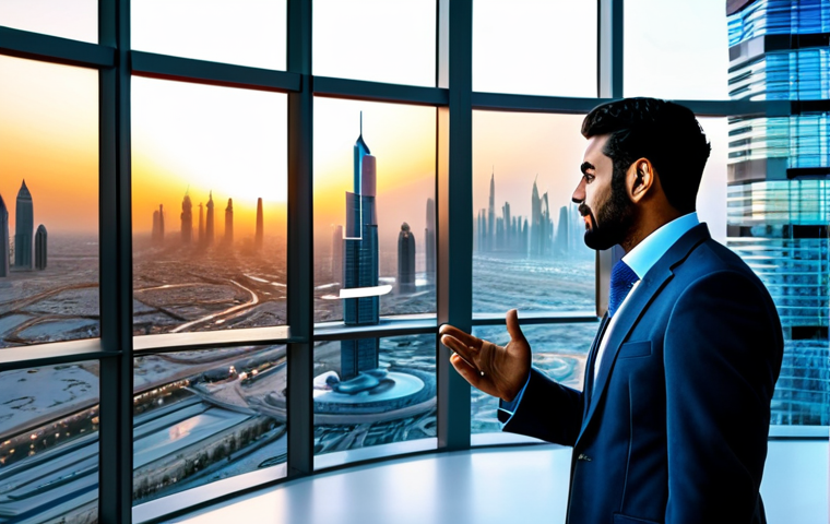 공인중개사와 최신 부동산 기술의 접목 사례 연구 - **AI-Powered Real Estate Market Analysis**
A sophisticated, confident male Arab real estate agen...