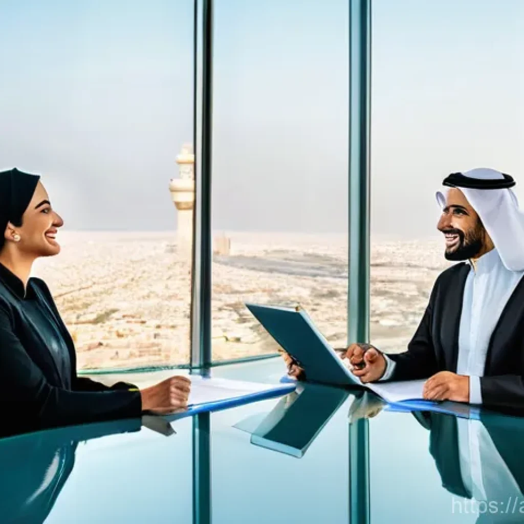 공인중개사 부동산 관련 분쟁 해결법 - **Prompt:** "A panoramic shot inside a modern, high-rise real estate office in a bustling Middle Eas...