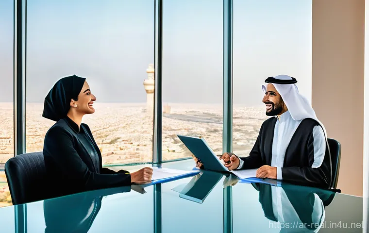 공인중개사 부동산 관련 분쟁 해결법 - **Prompt:** "A panoramic shot inside a modern, high-rise real estate office in a bustling Middle Eas...