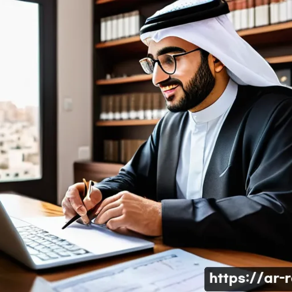공인중개사 시험 준비와 관련된 효과적인 자료 활용 방법 - A professional Arab man studying real estate law in a cozy, modern home office with Arabic calligrap...
