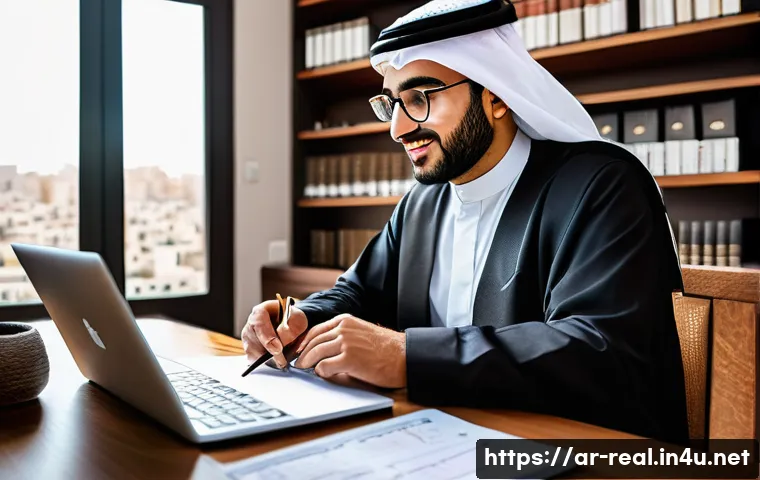 공인중개사 시험 준비와 관련된 효과적인 자료 활용 방법 - A professional Arab man studying real estate law in a cozy, modern home office with Arabic calligrap...