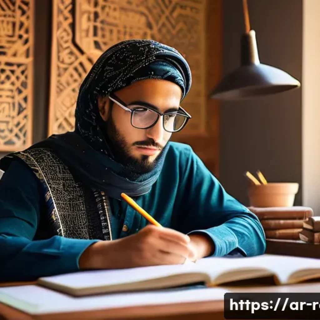공인중개사 시험에 합격하기 위한 개인 비법 - A focused young Arab student sitting at a wooden desk in a cozy study room decorated with traditiona...