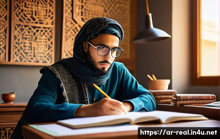 공인중개사 시험에 합격하기 위한 개인 비법 - A focused young Arab student sitting at a wooden desk in a cozy study room decorated with traditiona...