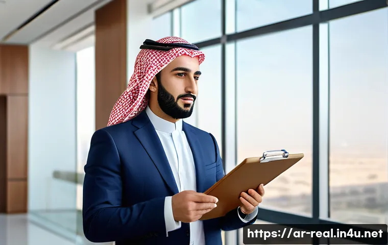 공인중개사 자격증 취득 방법 - A professional Arab real estate broker in formal business attire, confidently holding a clipboard wi...