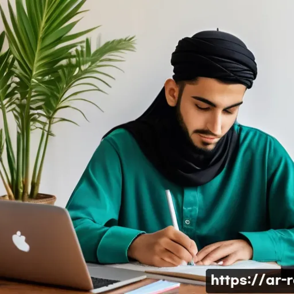공인중개사 시험 준비 동기 부여 팁 - A focused young Arab student sitting at a traditional wooden desk in a cozy, well-lit room decorated...