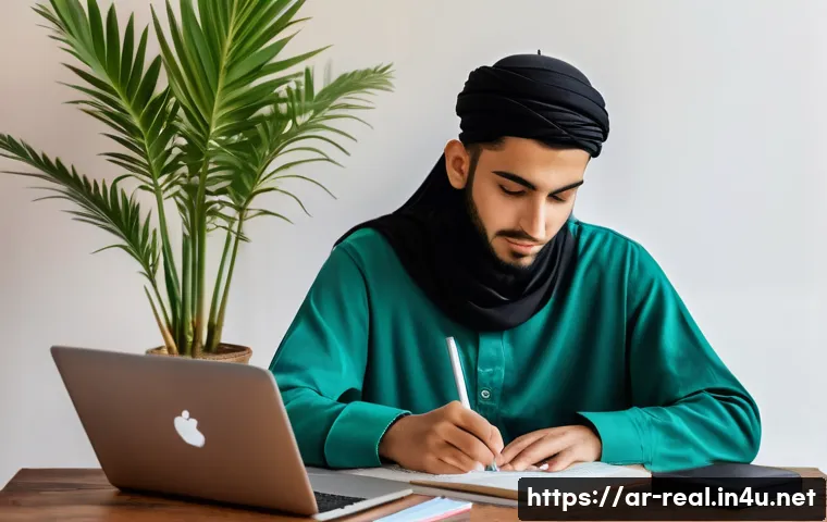 공인중개사 시험 준비 동기 부여 팁 - A focused young Arab student sitting at a traditional wooden desk in a cozy, well-lit room decorated...