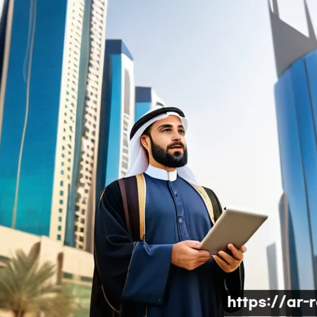 공인중개사 부동산 중개 실무 관련 사례 연구 - A professional real estate agent in traditional Middle Eastern attire, standing confidently in a mod...