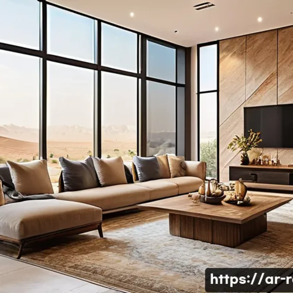 공인중개사와 부동산 관련 최신 트렌드 분석 - A modern Arabic smart home interior featuring natural materials like wood and stone, with warm neutr...
