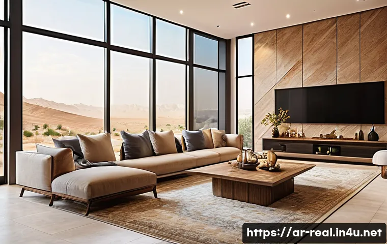 공인중개사와 부동산 관련 최신 트렌드 분석 - A modern Arabic smart home interior featuring natural materials like wood and stone, with warm neutr...