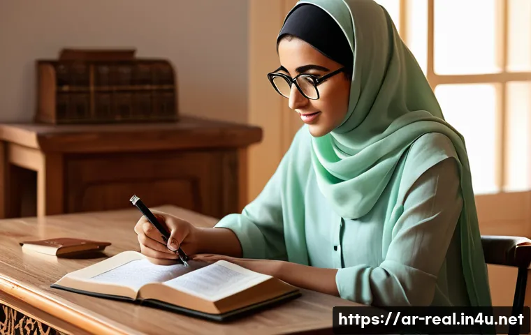 공인중개사 시험 준비와 관련된 유용한 팁 - A focused young Arab adult woman studying at a traditional wooden desk in a cozy, sunlit room decora...
