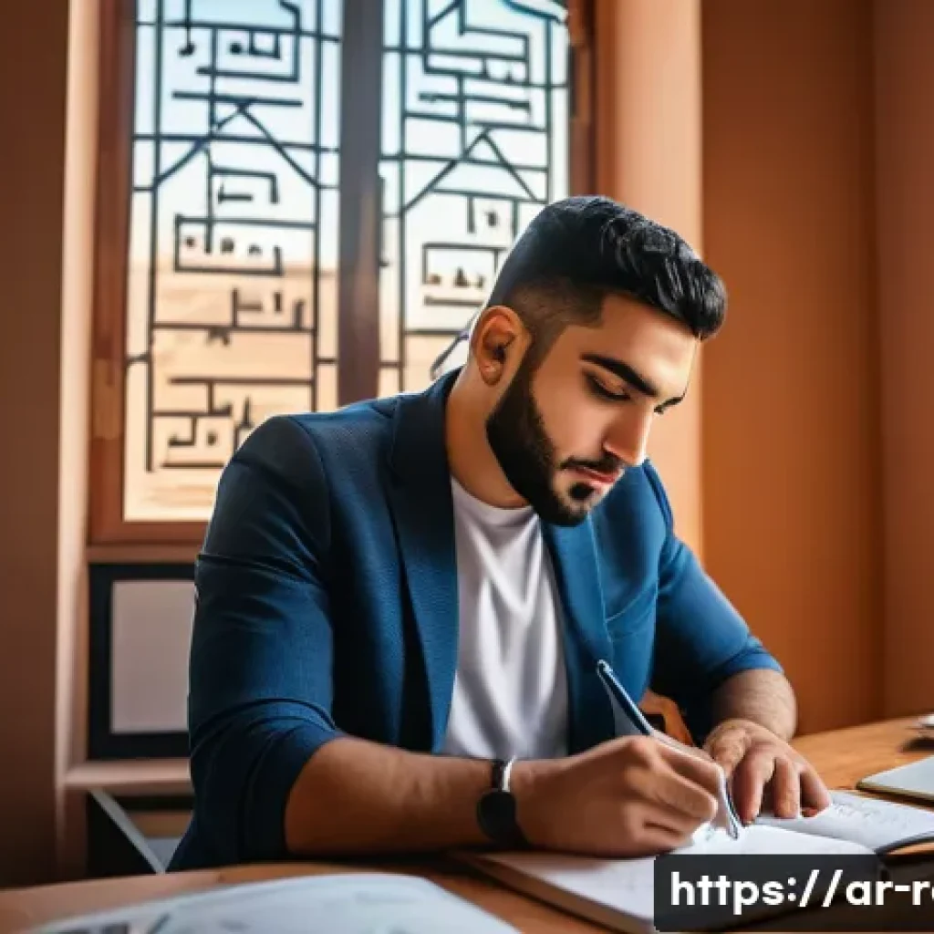 공인중개사 시험 준비의 효율적인 방법 - A focused young Arab man studying in a modern, cozy home office filled with books on real estate law...