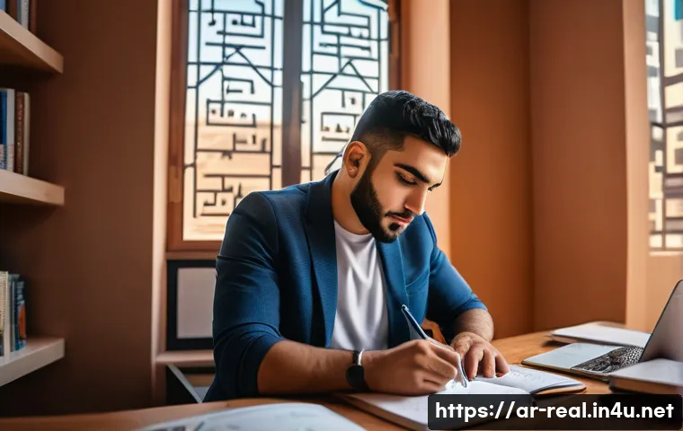 공인중개사 시험 준비의 효율적인 방법 - A focused young Arab man studying in a modern, cozy home office filled with books on real estate law...
