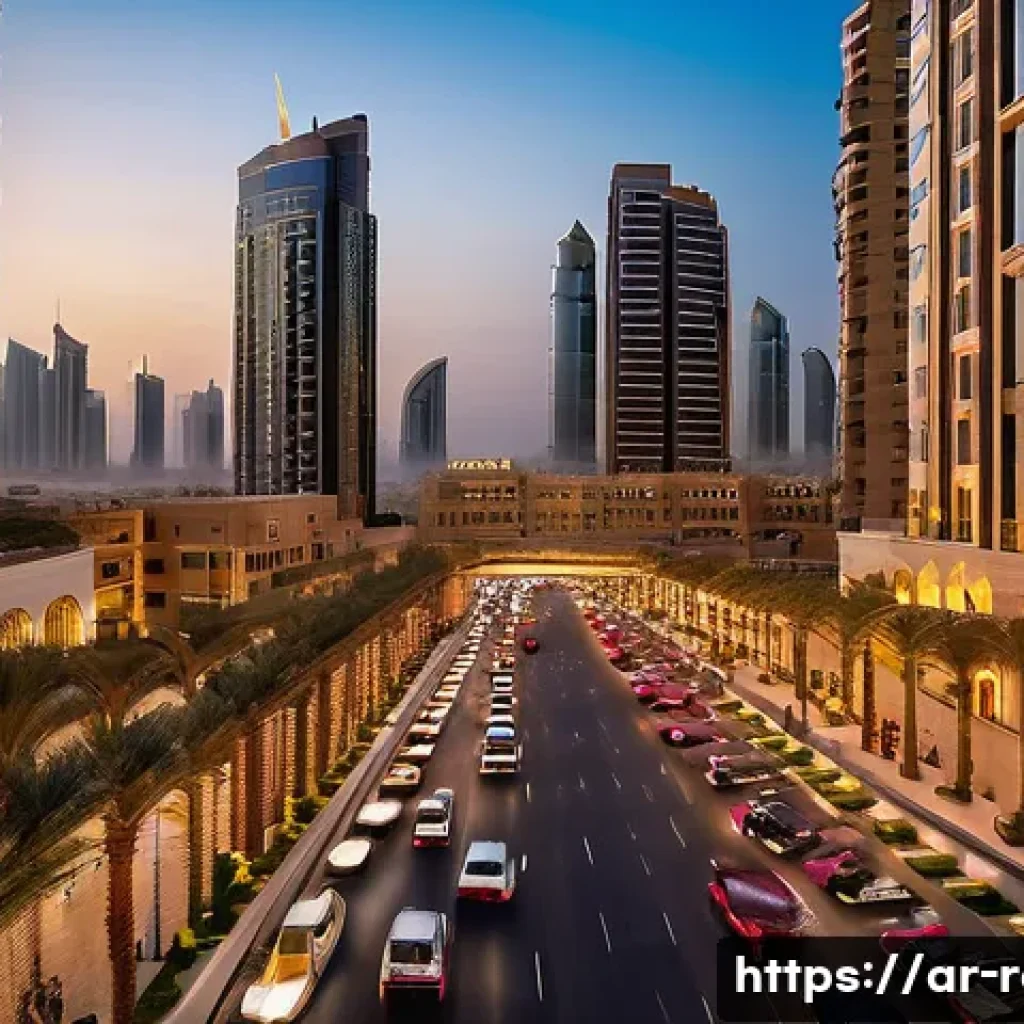 공인중개사와 최신 부동산 시장의 분석적 접근 - A bustling Middle Eastern urban real estate market scene at sunset, featuring modern high-rise resid...