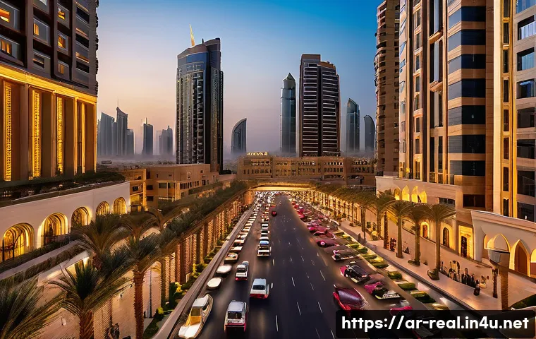 공인중개사와 최신 부동산 시장의 분석적 접근 - A bustling Middle Eastern urban real estate market scene at sunset, featuring modern high-rise resid...