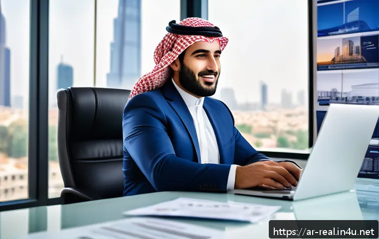 공인중개사와 부동산 시장의 연결 고리 - A professional Arab male real estate broker in a modern office setting, wearing a tailored suit and ...