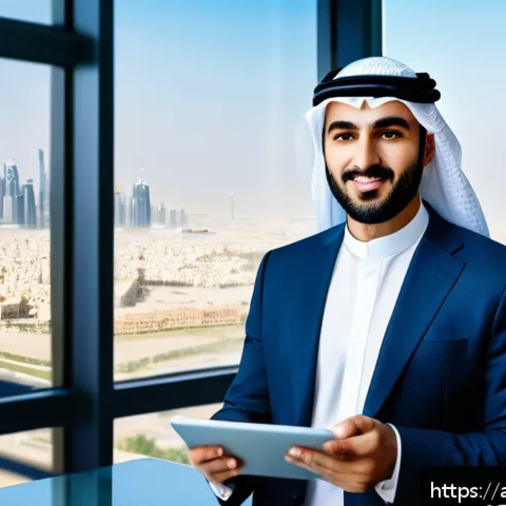 공인중개사와 부동산 정책 변화의 사회적 영향 연구 - A modern Middle Eastern real estate agent, wearing smart business attire and holding a tablet displa...