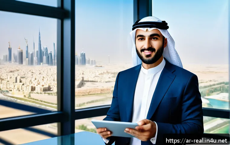 공인중개사와 부동산 정책 변화의 사회적 영향 연구 - A modern Middle Eastern real estate agent, wearing smart business attire and holding a tablet displa...