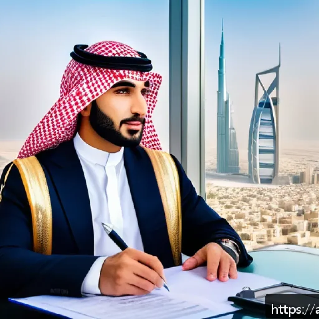 공인중개사로 첫 직장 시작하기 - A modern Middle Eastern real estate agent in a stylish office overlooking a city skyline with iconic...