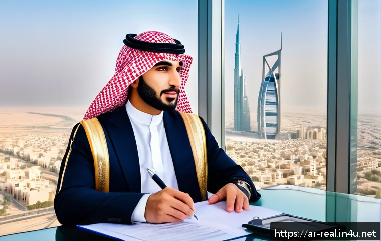 공인중개사로 첫 직장 시작하기 - A modern Middle Eastern real estate agent in a stylish office overlooking a city skyline with iconic...