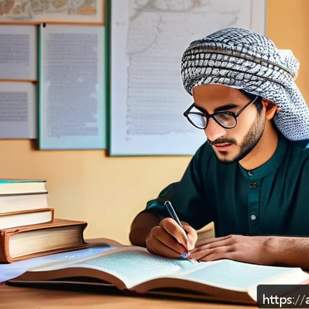 공인중개사 시험 준비를 위한 주간 계획표 - A focused young Arab man studying early in the morning at a traditional wooden desk, with sunlight s...