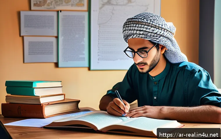 공인중개사 시험 준비를 위한 주간 계획표 - A focused young Arab man studying early in the morning at a traditional wooden desk, with sunlight s...