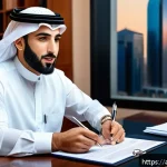 공인중개사와 부동산 거래 분쟁 해결 사례 - A professional Middle Eastern real estate agent in traditional attire, sitting at a modern office de...