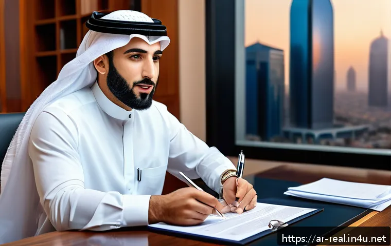 공인중개사와 부동산 거래 분쟁 해결 사례 - A professional Middle Eastern real estate agent in traditional attire, sitting at a modern office de...