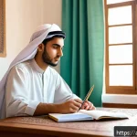 공인중개사 시험 준비를 위한 실용적인 조언 - A focused young Arab student studying at a traditional wooden desk in a bright morning room, wearing...