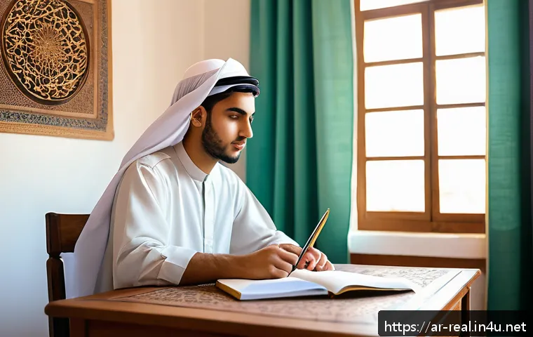 공인중개사 시험 준비를 위한 실용적인 조언 - A focused young Arab student studying at a traditional wooden desk in a bright morning room, wearing...