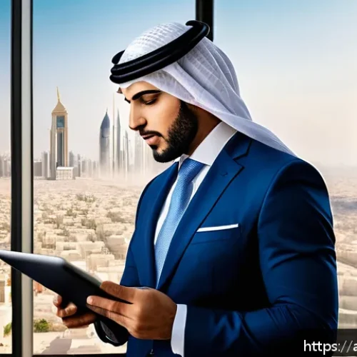 공인중개사 자격증 취득 후 업무 사례 - A professional Middle Eastern real estate consultant in a modern office setting, wearing a stylish b...