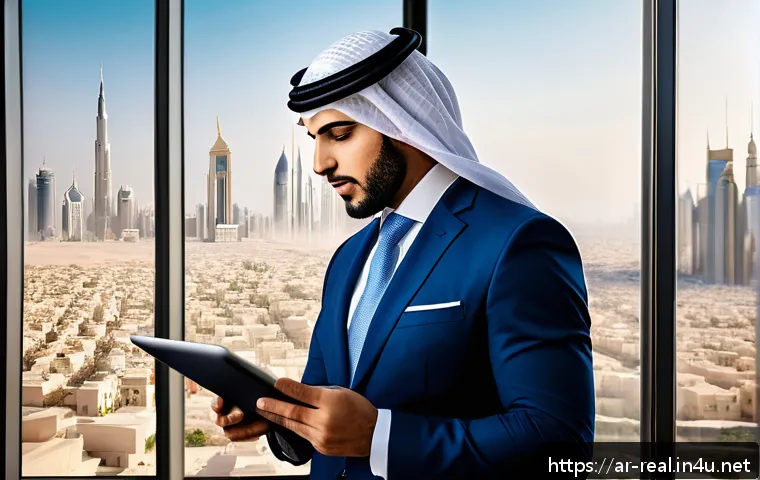 공인중개사 자격증 취득 후 업무 사례 - A professional Middle Eastern real estate consultant in a modern office setting, wearing a stylish b...