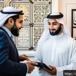 공인중개사 부동산 금융 지식 이해 - A modern Middle Eastern family consulting with a real estate agent in a stylish office decorated wit...