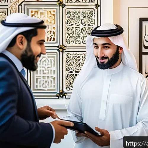 공인중개사 부동산 금융 지식 이해 - A modern Middle Eastern family consulting with a real estate agent in a stylish office decorated wit...