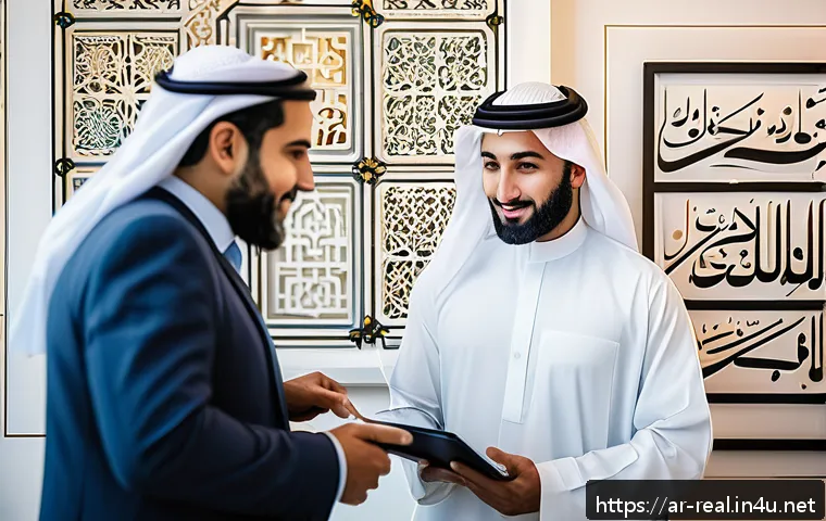 공인중개사 부동산 금융 지식 이해 - A modern Middle Eastern family consulting with a real estate agent in a stylish office decorated wit...