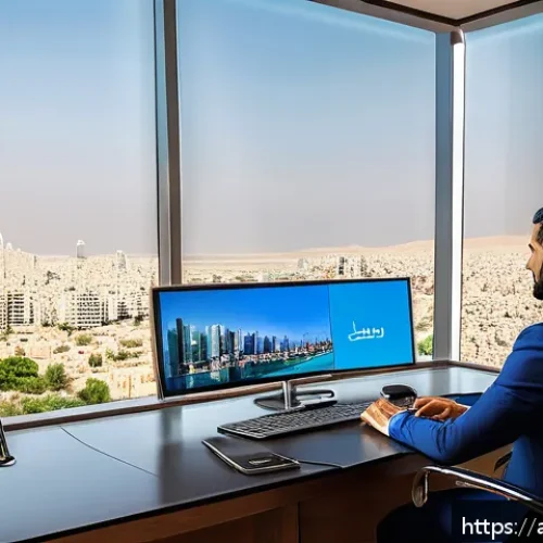 공인중개사 부동산 정책 트렌드 연구 - A modern real estate agent’s office in a Middle Eastern city, showcasing a professional Arab male ag...