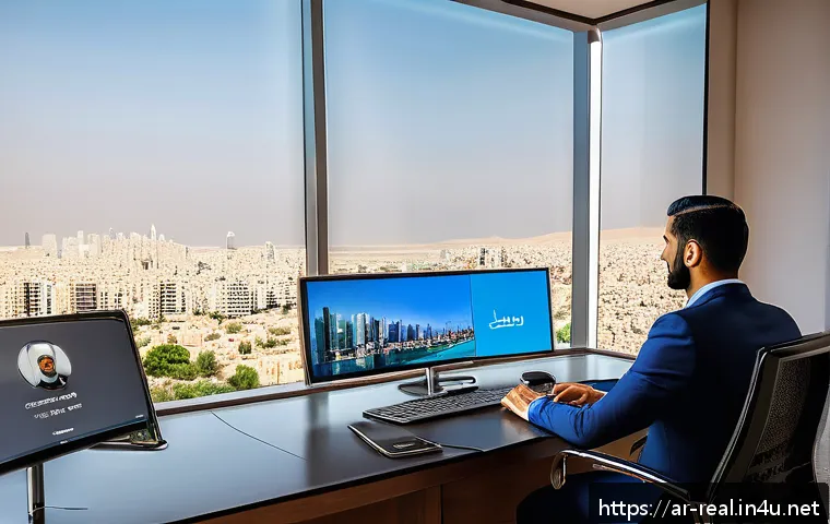 공인중개사 부동산 정책 트렌드 연구 - A modern real estate agent’s office in a Middle Eastern city, showcasing a professional Arab male ag...