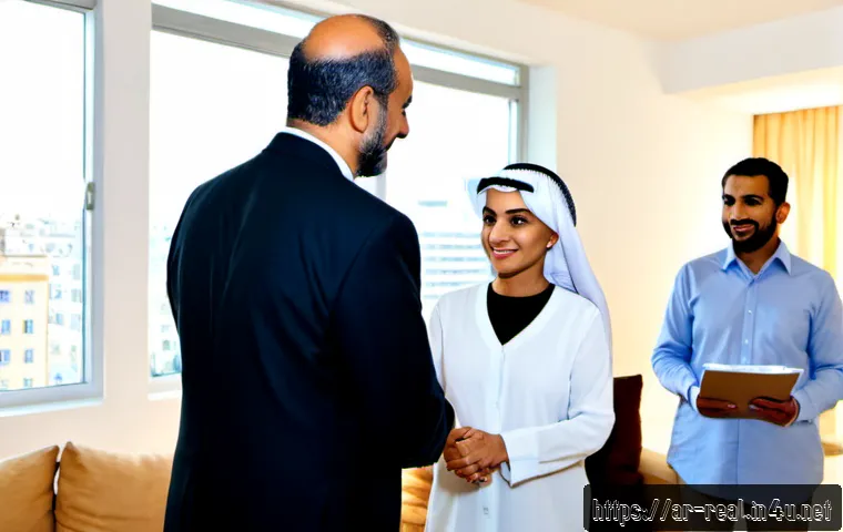 공인중개사 자격증과 사회적 가치를 높이는 사례 - Photorealistic real estate professional in modest business attire meeting a multigenerational Arab f...