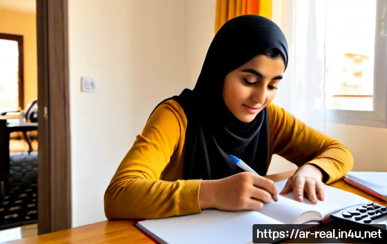 공인중개사 시험 관련 독학 자료 추천 - Photorealistic Arabic-speaking adult preparing independently for a real estate licensing exam at a n...