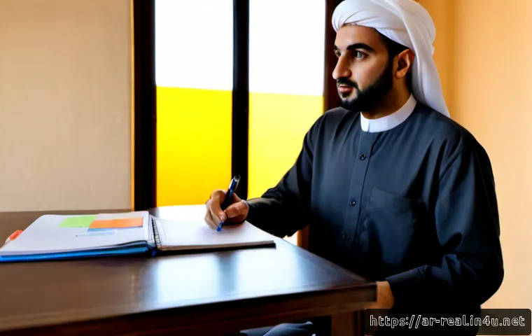 공인중개사 시험 대비 독창적 학습 전략 및 사례 - Photorealistic Arabic-speaking adult real estate exam candidate in modest professional clothing usin...