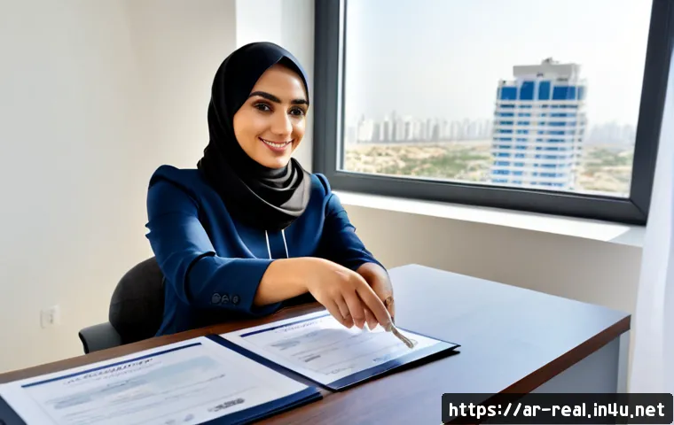 공인중개사 자격증과 취업 연결성 - Photorealistic modern real estate office in a Gulf Arab city, confident Arab woman in modest profess...