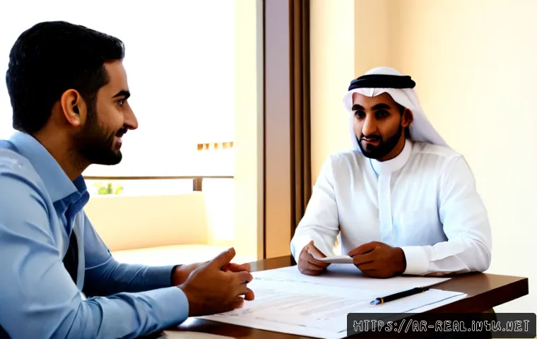 공인중개사와 부동산 정책 변화의 사회적 영향 분석 - Photorealistic modern real estate consultation in a bright Gulf Arab apartment, an Arab real estate ...