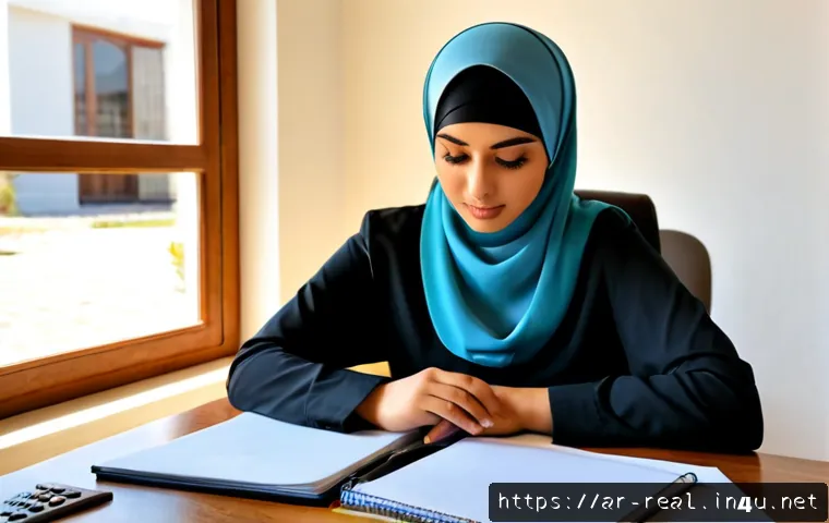 공인중개사 자격증 시험 중점 과목 - Photorealistic Arab woman in modest professional hijab studying for a real estate licensing exam at ...
